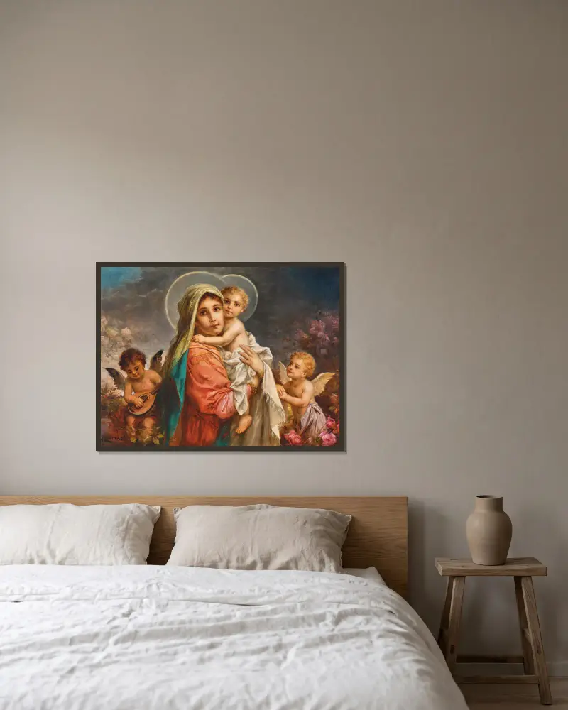 Madonnan med barnet och putti av Hans Zatzka inramad på en vägg