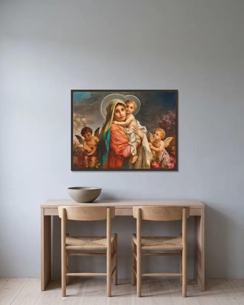 Madonnan med barnet och putti av Hans Zatzka inramad på en vägg