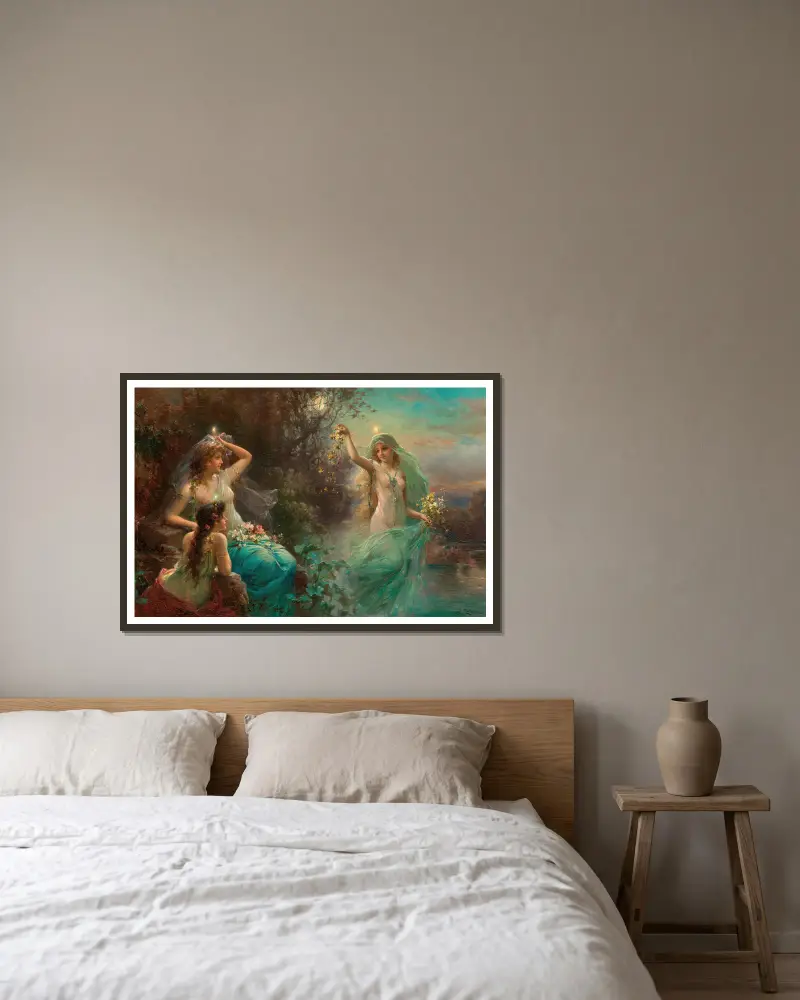 Nymphs at Dawn av Hans Zatzka inramad på en vägg