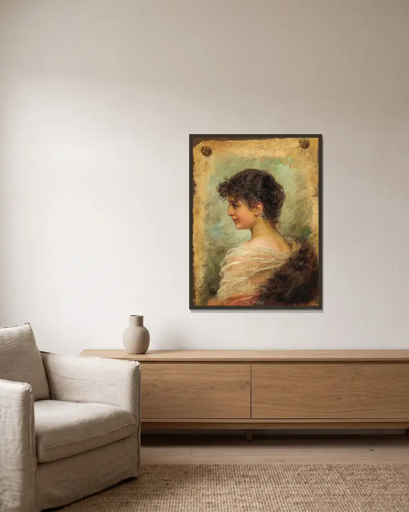 Profilbildnis einer jungen Frau von Hans Zatzka gerahmt an einer Wand