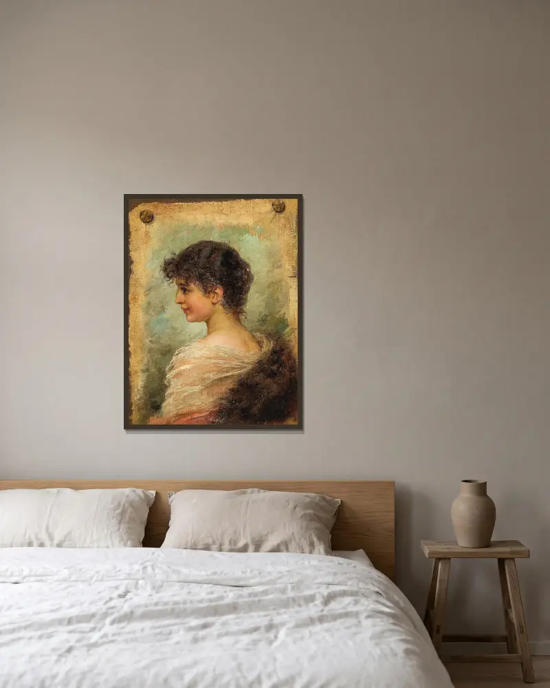Profilbildnis einer jungen Frau von Hans Zatzka gerahmt an einer Wand