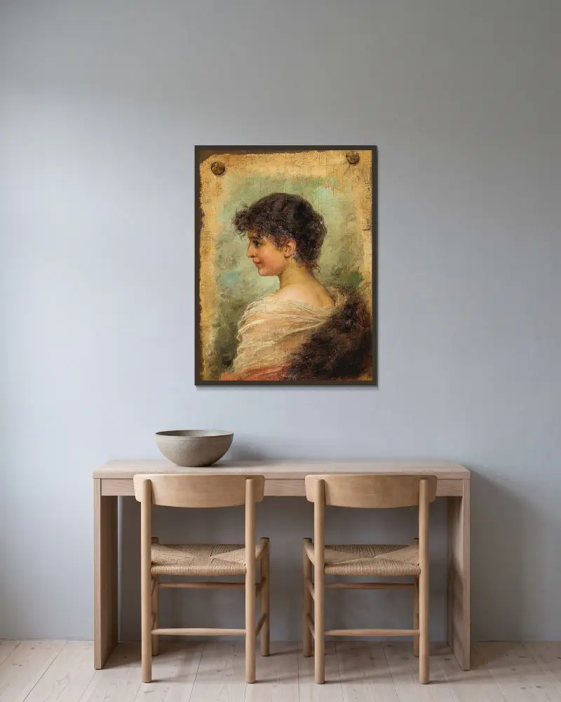 Profilbildnis einer jungen Frau von Hans Zatzka gerahmt an einer Wand