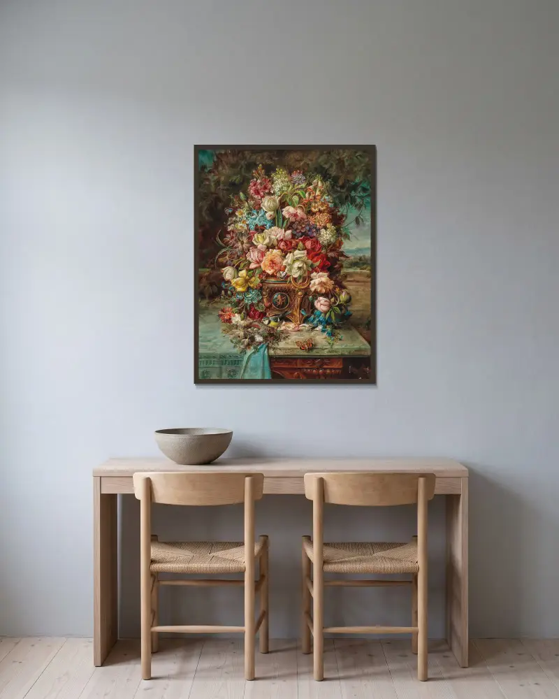 Rikt blomsterstilleben med blåmes framför ett vitt landskap av Hans Zatzka inramad på en vägg