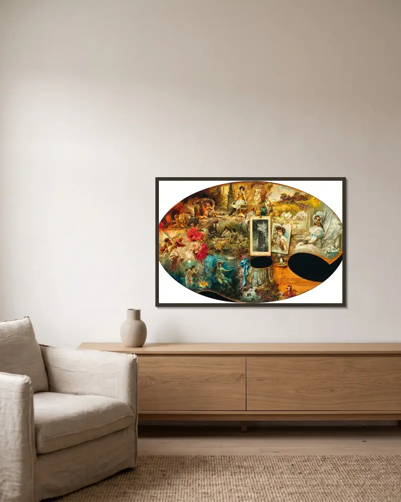 Die Palette des Malers von Hans Zatzka gerahmt an einer Wand