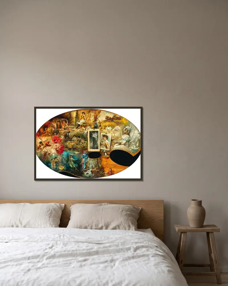 Die Palette des Malers von Hans Zatzka gerahmt an einer Wand