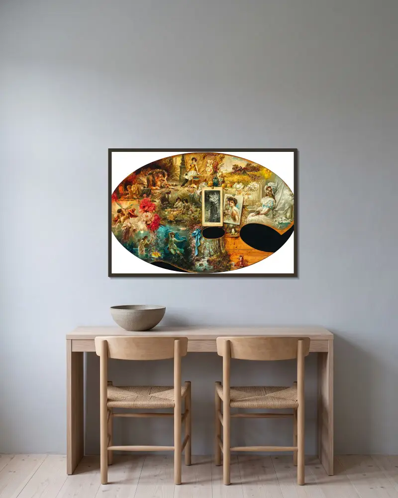 Die Palette des Malers von Hans Zatzka gerahmt an einer Wand