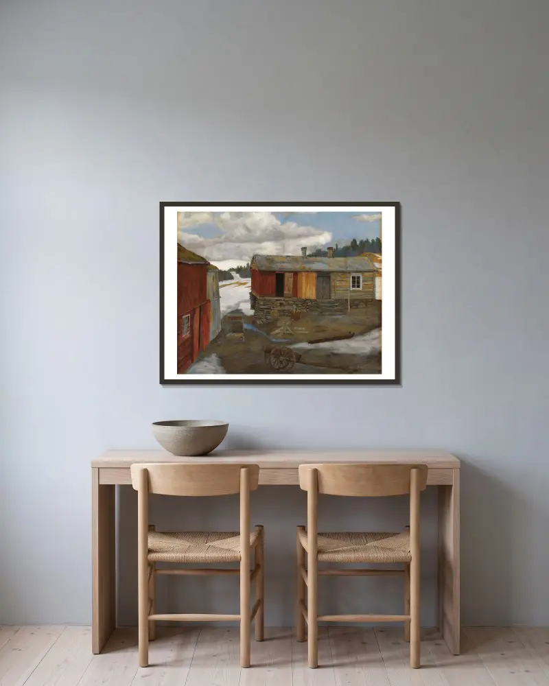 Hof im Schneematsch in Røros von Harald Sohlberg gerahmt an einer Wand