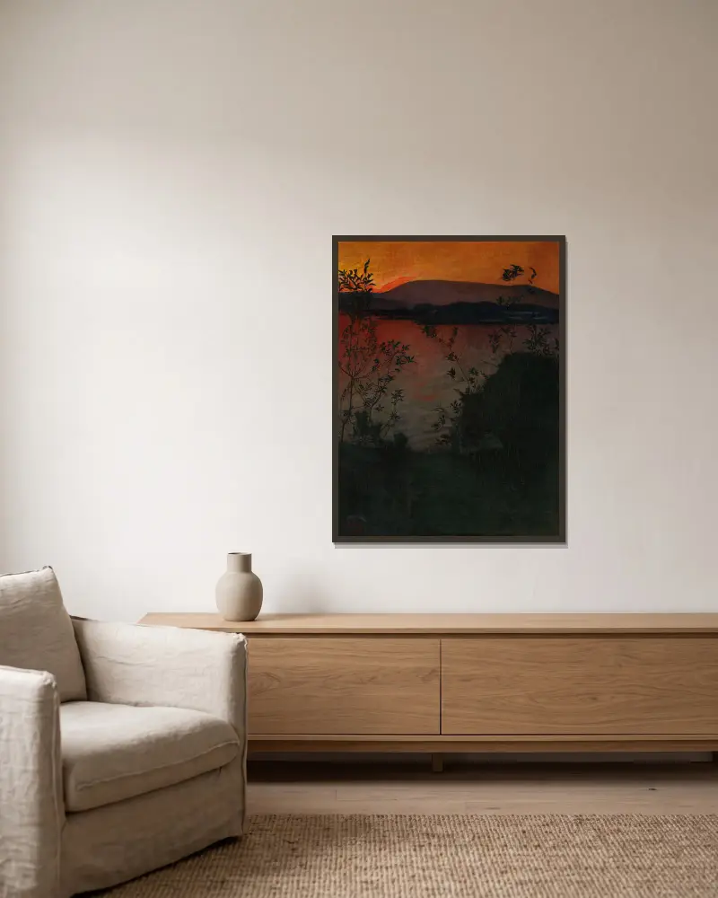 Evening Glow av Harald Sohlberg inramad på en vägg