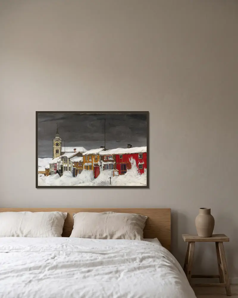 Street in Røros in Winter av Harald Sohlberg inramad på en vägg