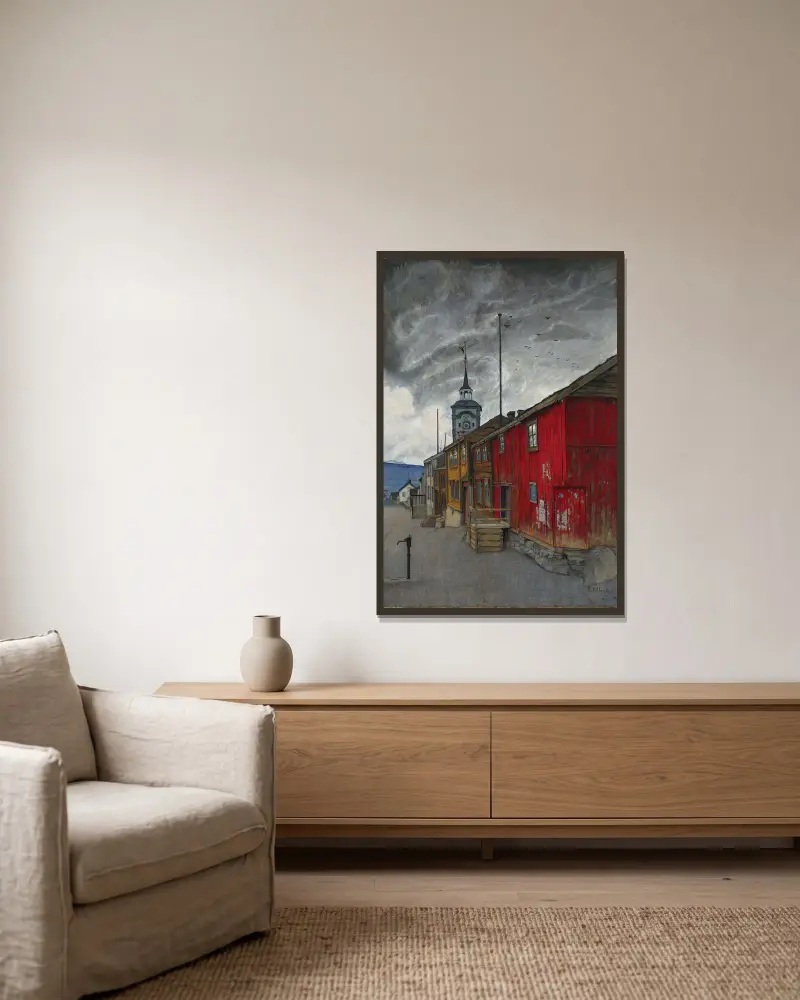 Street in Røros av Harald Sohlberg inramad på en vägg