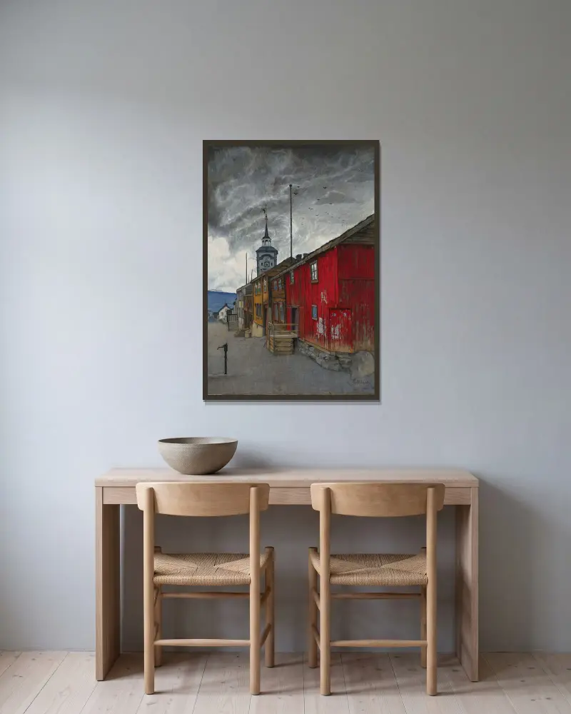 Street in Røros av Harald Sohlberg inramad på en vägg