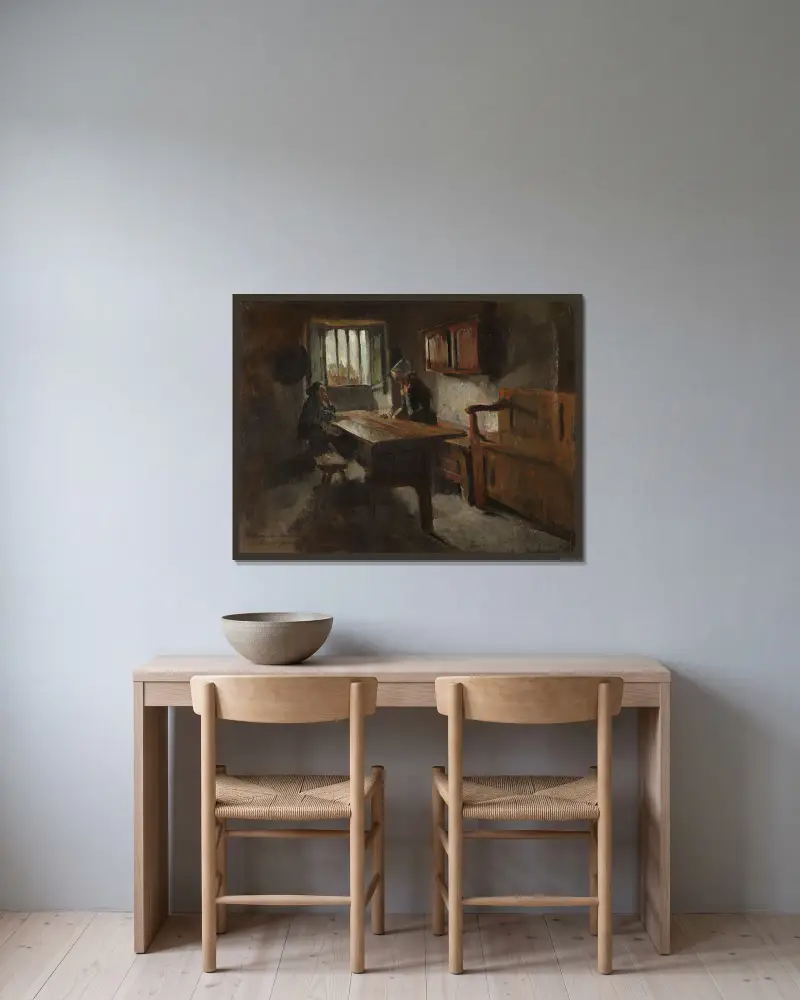 Interiör från en bondgård i Rochefort-en-Terre, Bretagne av Harriet Backer inramad på en vägg