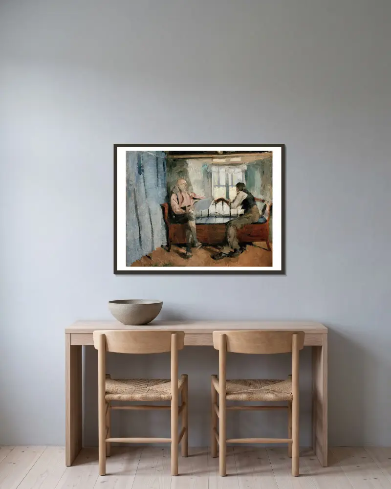 Interiör från gården Knabberud i Bærum av Harriet Backer inramad på en vägg