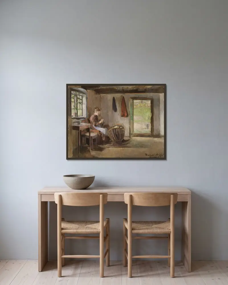 Interiör från gården Skotta i Bærum av Harriet Backer inramad på en vägg