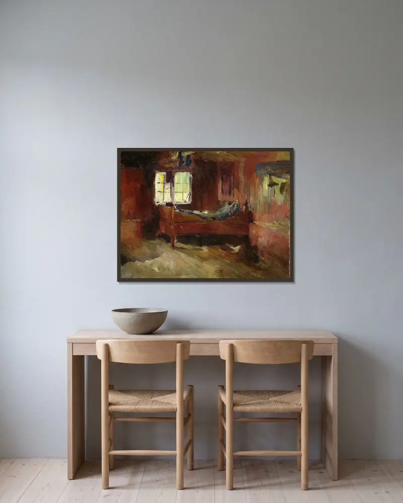 Interiér statku, Strålsjøhaugen, Harriet Backer v rámu na stěně