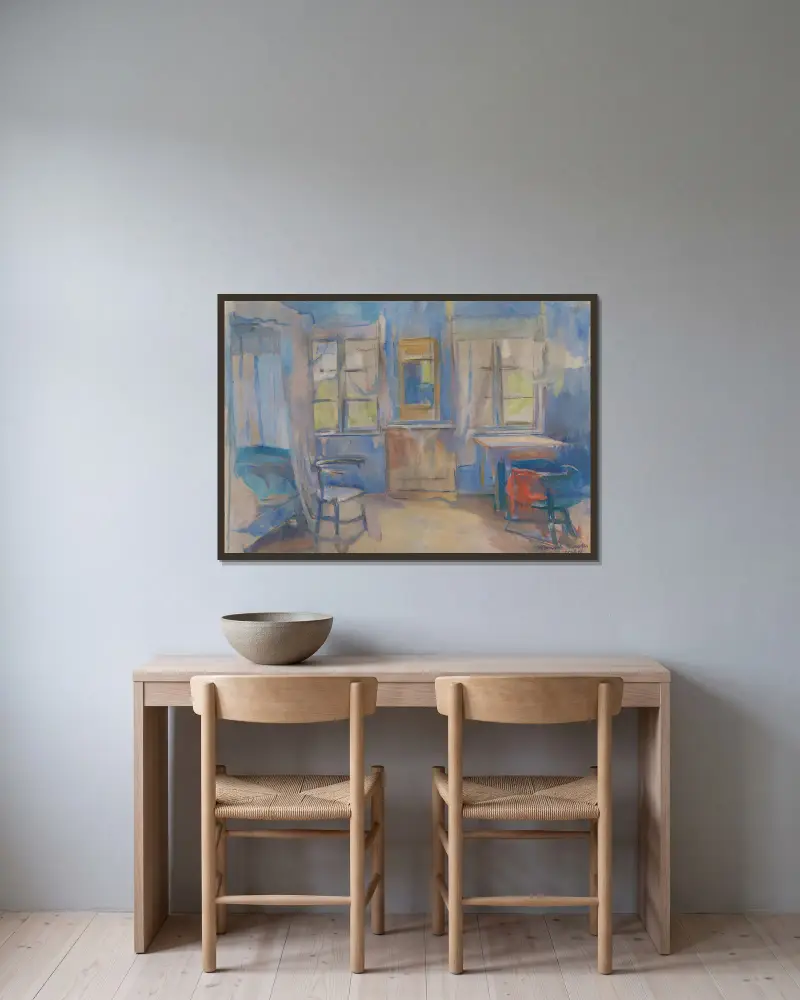 Interior from Einabu in Foldal av Harriet Backer inramad på en vägg