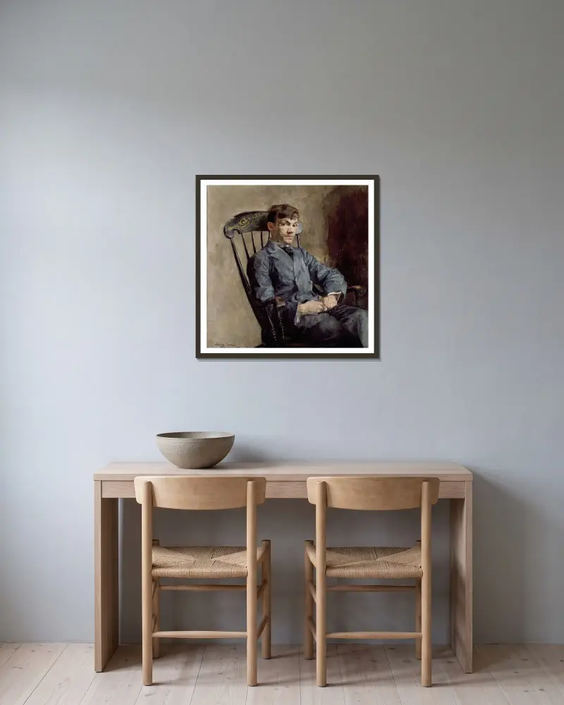 Porträtt av kompositören Johan Backer Lunde av Harriet Backer inramad på en vägg