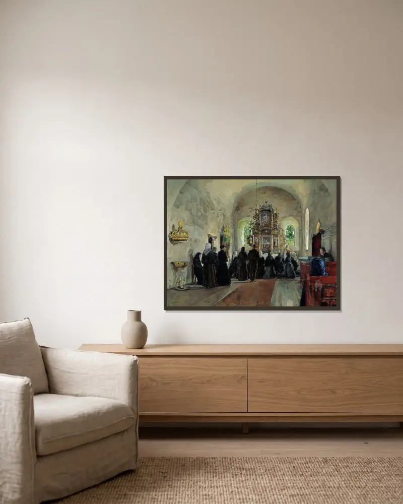 Nattvardsgång i Stange kyrka av Harriet Backer inramad på en vägg