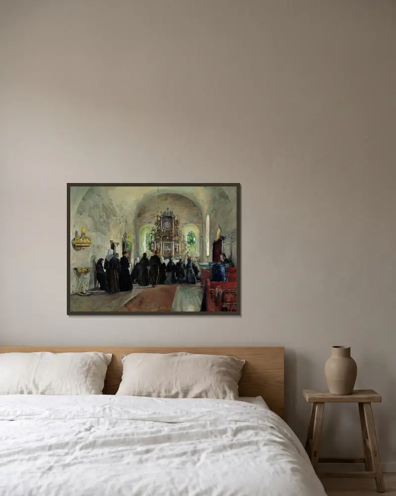 Nattvardsgång i Stange kyrka av Harriet Backer inramad på en vägg