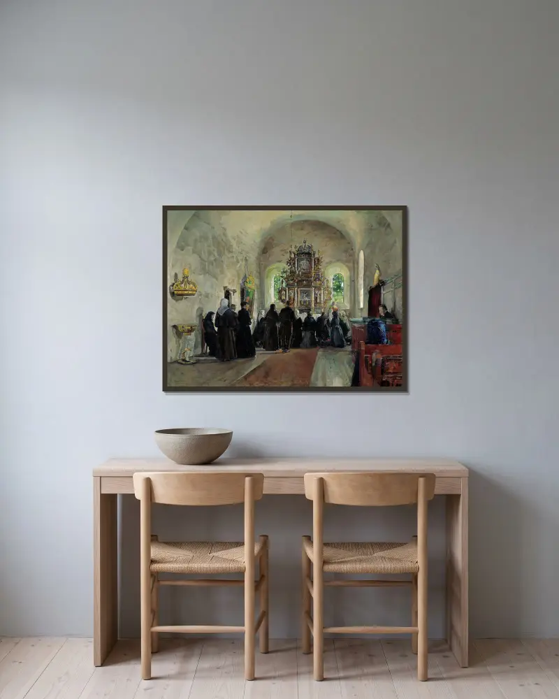 Nattvardsgång i Stange kyrka av Harriet Backer inramad på en vägg