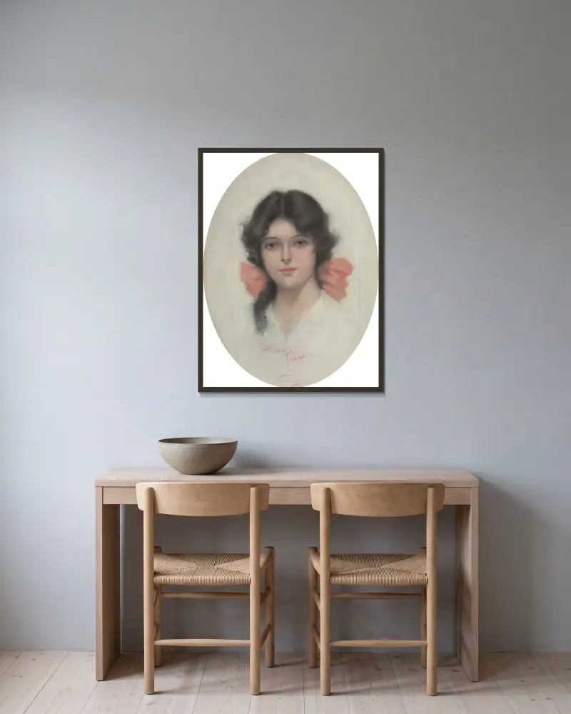 Brunette with Pink Bow av Harrison Fisher inramad på en vägg