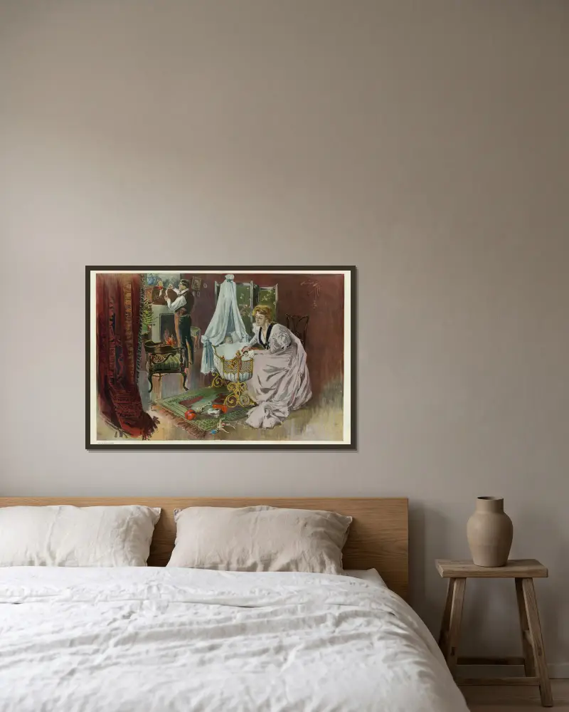 Der erste Besuch des Weihnachtsmanns von Harrison Fisher gerahmt an einer Wand