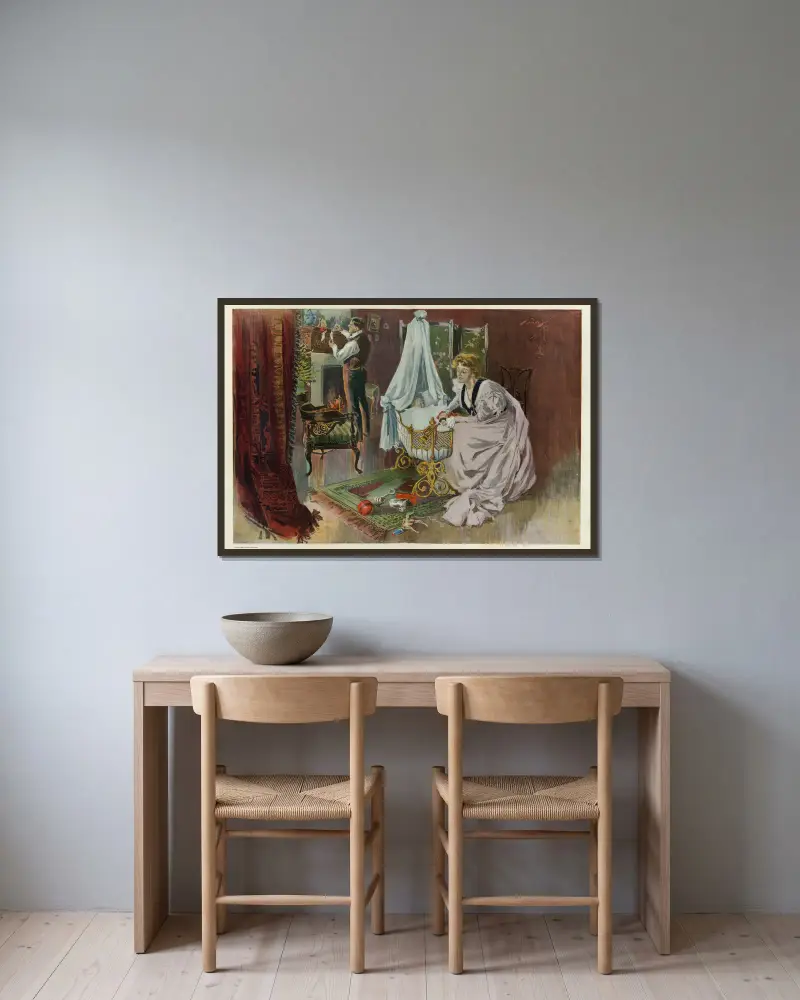 Der erste Besuch des Weihnachtsmanns von Harrison Fisher gerahmt an einer Wand