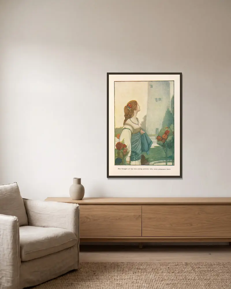 Emelia; Sie dachte an die beiden jungen Prinzen, die dort gefangen waren von William Heath Robinson gerahmt an einer Wand