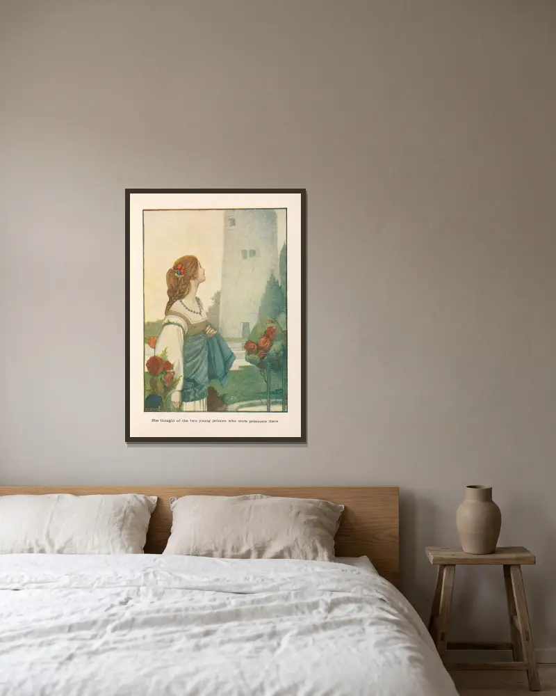 Emelia; Sie dachte an die beiden jungen Prinzen, die dort gefangen waren von William Heath Robinson gerahmt an einer Wand