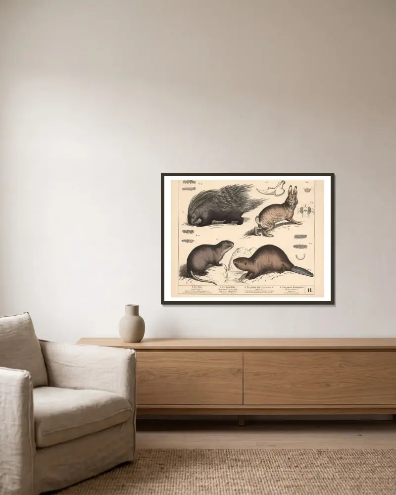 1. Bäver. 2. Sumpbäver. 3. Vanlig hare. 4. Vanligt piggsvin, 1882 – nr 2 av Heinrich Leutemann inramad på en vägg