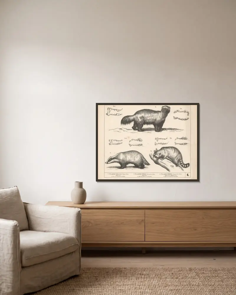 1. Der gemeine Dachs. 2. Der nordische Vielfraß. 3. Der gemeine Waschbär von Heinrich Leutemann gerahmt an einer Wand