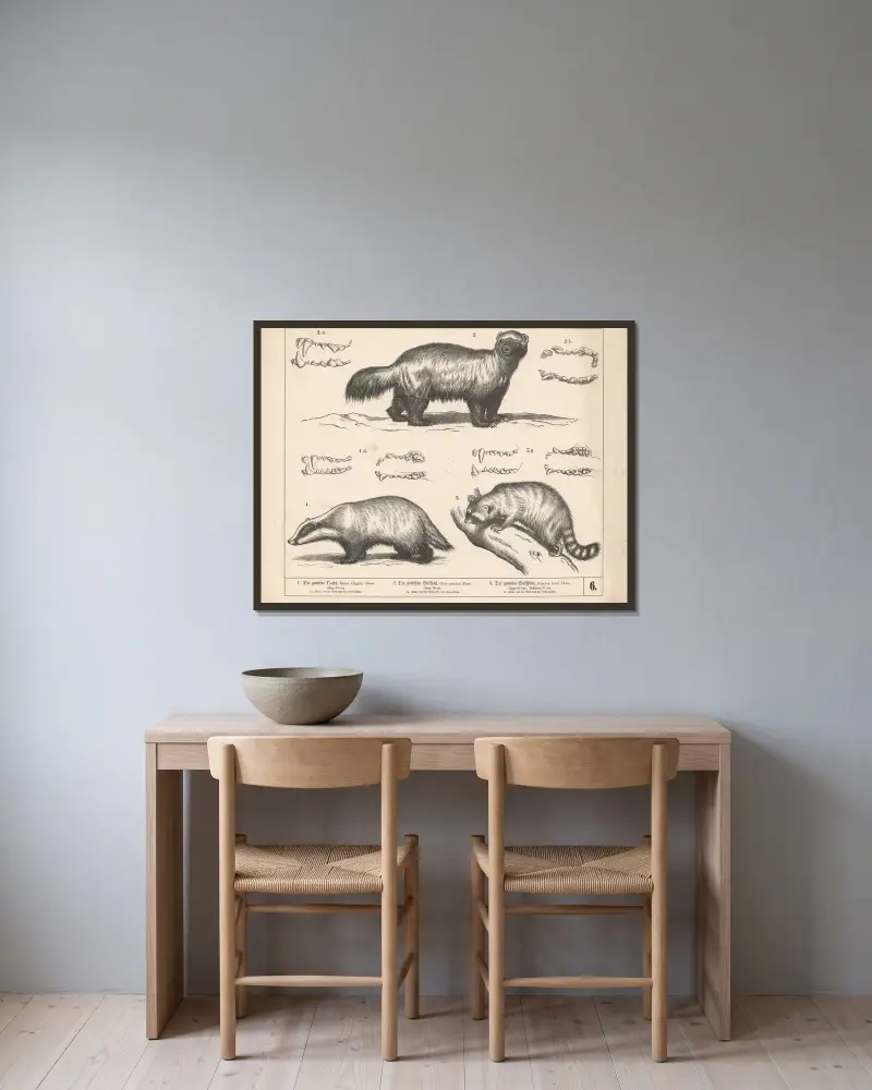 1. Der gemeine Dachs. 2. Der nordische Vielfraß. 3. Der gemeine Waschbär von Heinrich Leutemann gerahmt an einer Wand