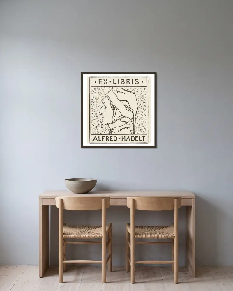 Exlibris för Alfred Hadelt av Heinrich Vogeler inramad på en vägg