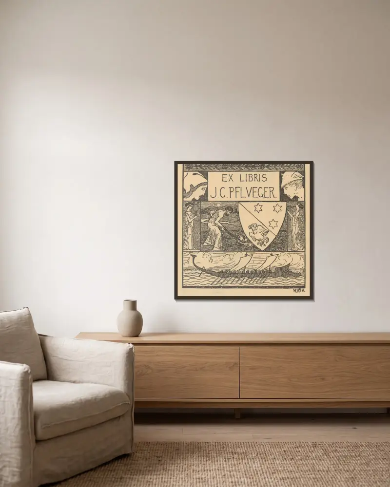 Ex Libris J.C. Pflueger von Heinrich Vogeler gerahmt an einer Wand