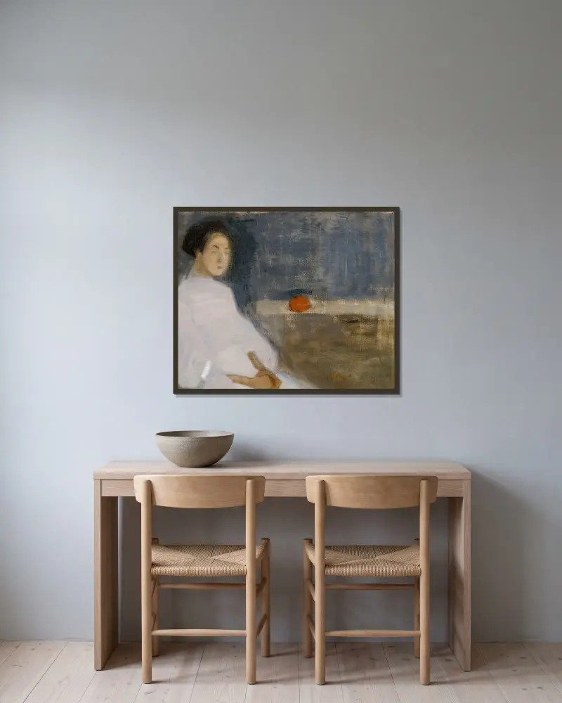 Girl with Orange, The Baker’s Daughter, Helene Schjerfbeck v rámu na stěně