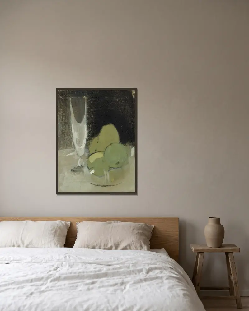 Gröna äpplen och champagneglas av Helene Schjerfbeck inramad på en vägg