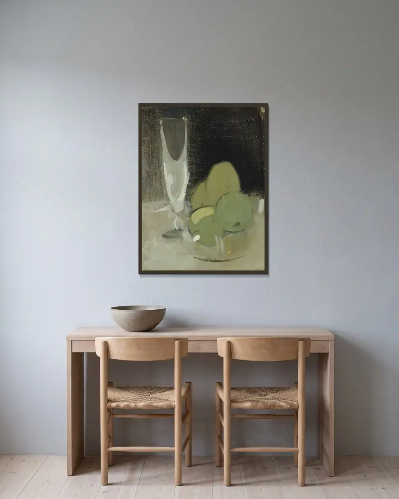 Gröna äpplen och champagneglas av Helene Schjerfbeck inramad på en vägg
