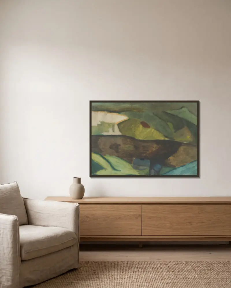 Fischerhütten am Fluss. Motiv aus Granvåg, Faxälven von Helmer Osslund gerahmt an einer Wand