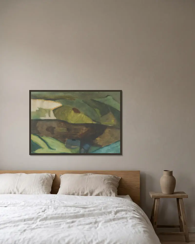 Fischerhütten am Fluss. Motiv aus Granvåg, Faxälven von Helmer Osslund gerahmt an einer Wand