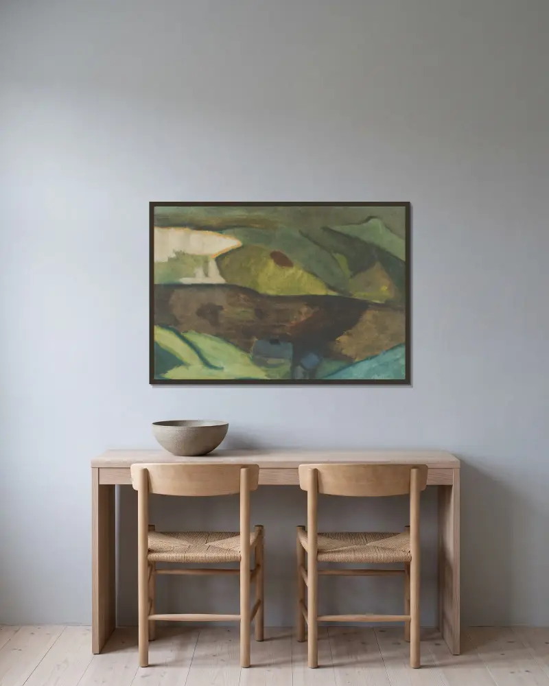 Fischerhütten am Fluss. Motiv aus Granvåg, Faxälven von Helmer Osslund gerahmt an einer Wand