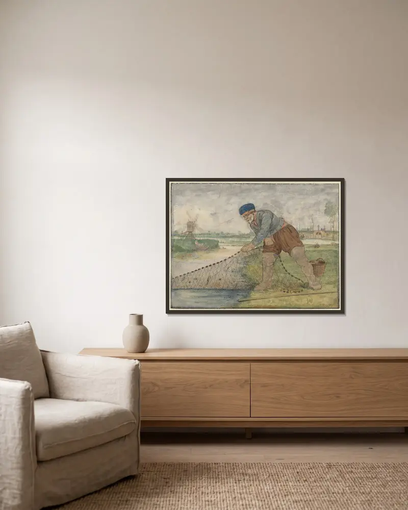 En fiskare som drar in sitt nät av Hendrick Avercamp inramad på en vägg