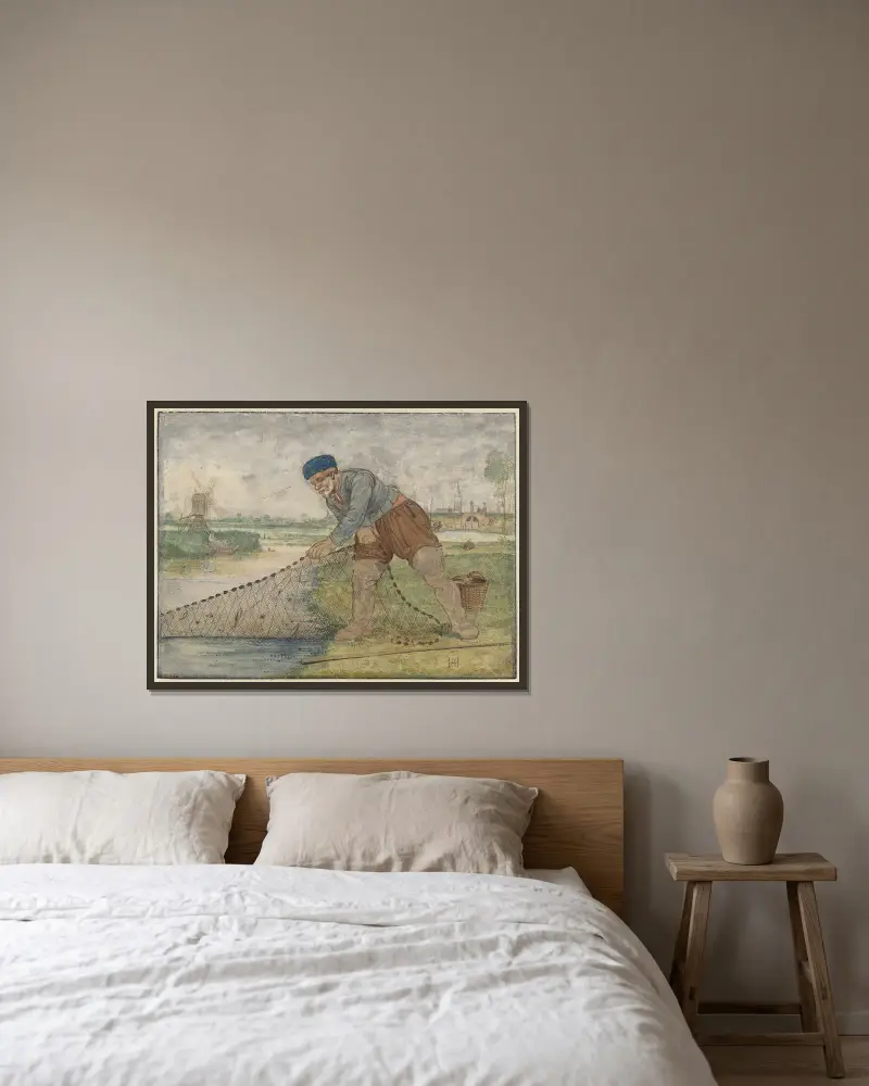 En fiskare som drar in sitt nät av Hendrick Avercamp inramad på en vägg