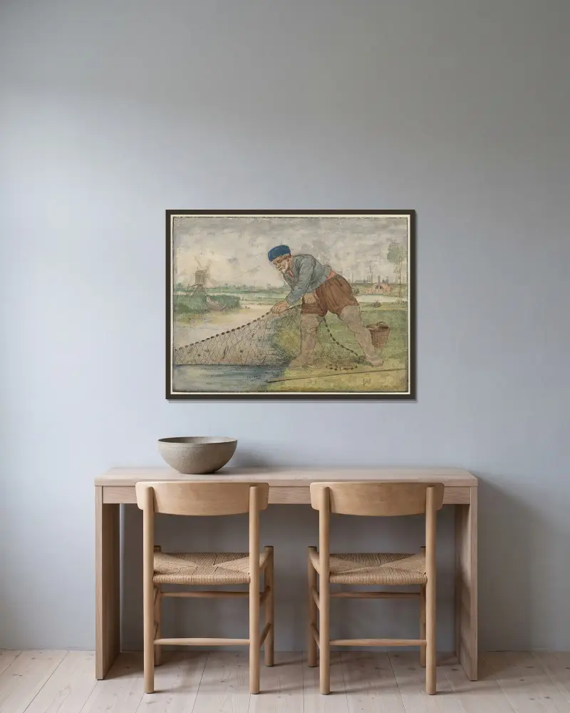 En fiskare som drar in sitt nät av Hendrick Avercamp inramad på en vägg