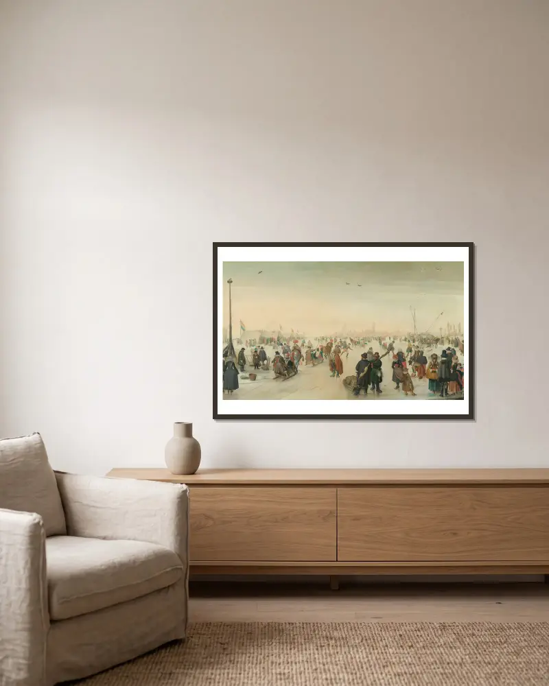 Vinterliv vid en stad av Hendrick Avercamp inramad på en vägg