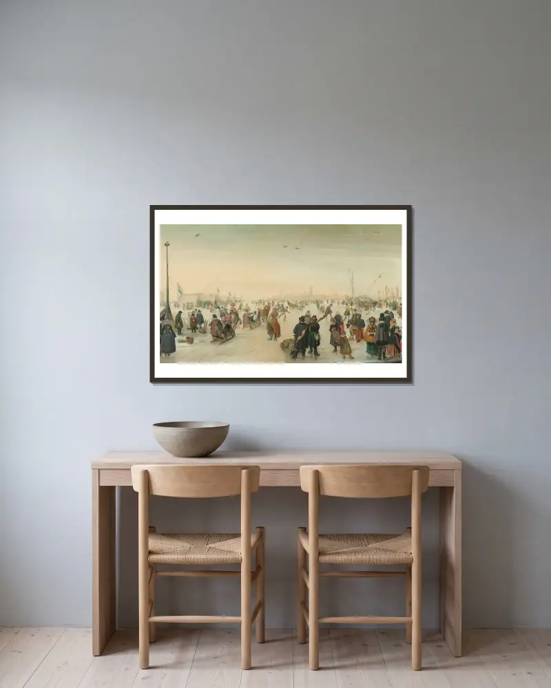 Vinterliv vid en stad av Hendrick Avercamp inramad på en vägg