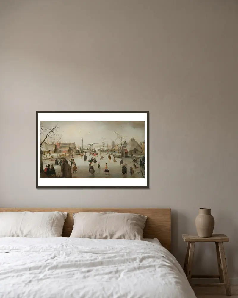 Skridskoåkning i en by av Hendrick Avercamp inramad på en vägg