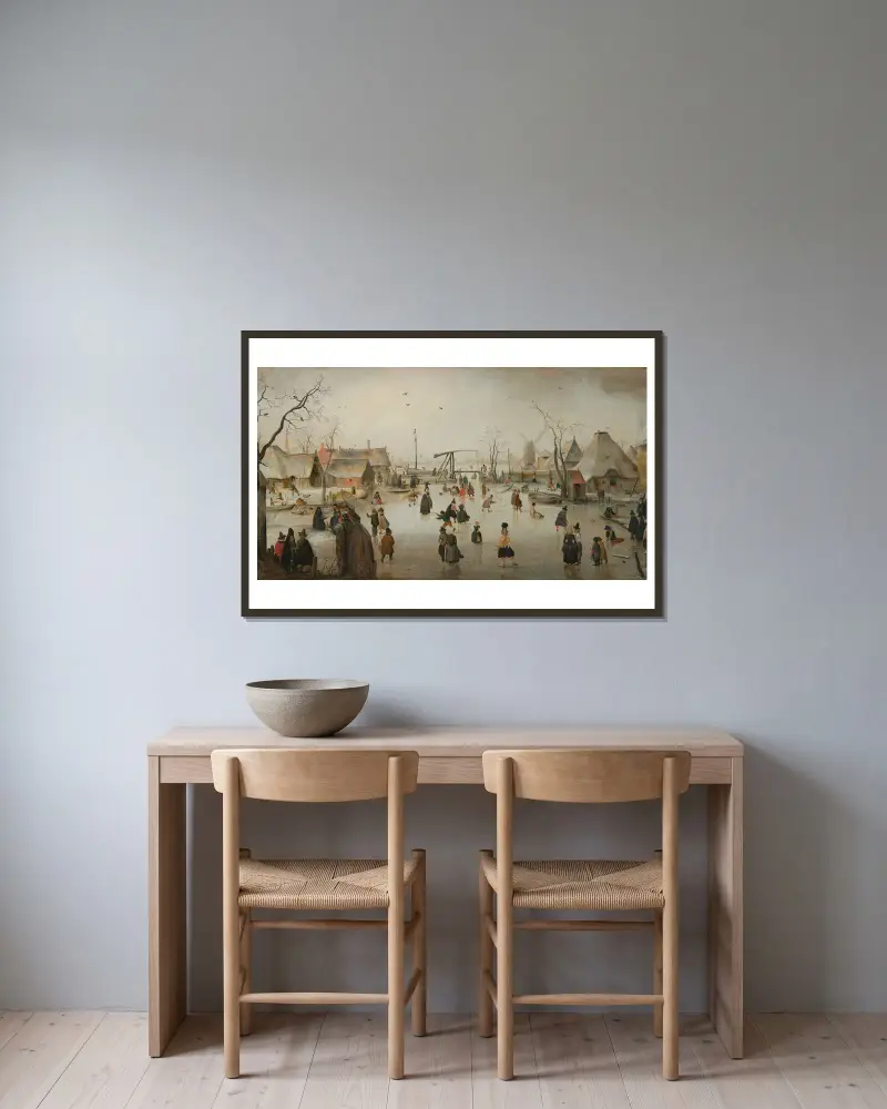 Skridskoåkning i en by av Hendrick Avercamp inramad på en vägg