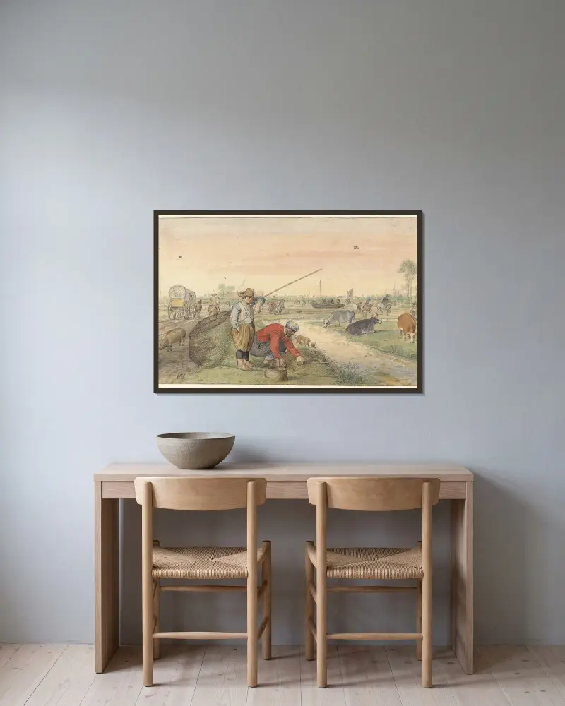 Landskap med två ålfiskare vid ett dike av Hendrick Avercamp inramad på en vägg