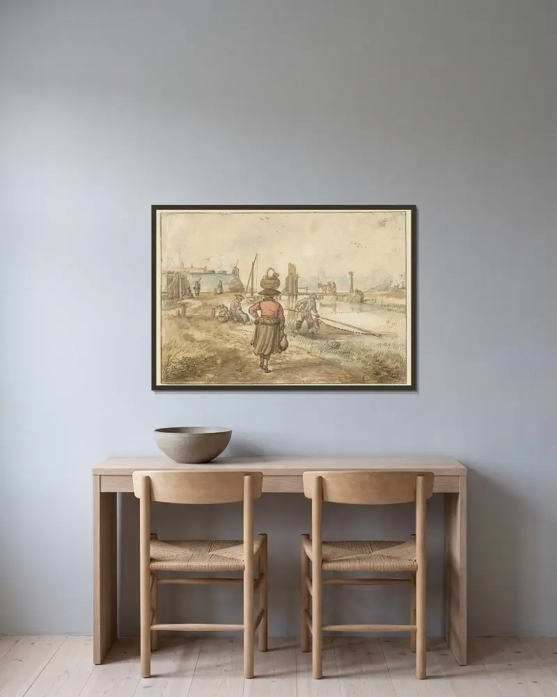 Flodlandskap med en kvinna som bär en korg på huvudet, fiskare och andra figurer nära en stadsmur av Hendrick Avercamp inramad på en vägg