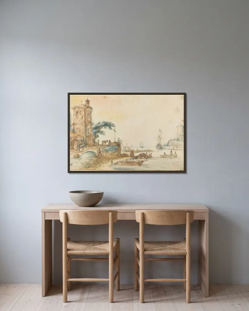 Szene mit einem Turm auf der linken Seite von Hendrick Avercamp gerahmt an einer Wand